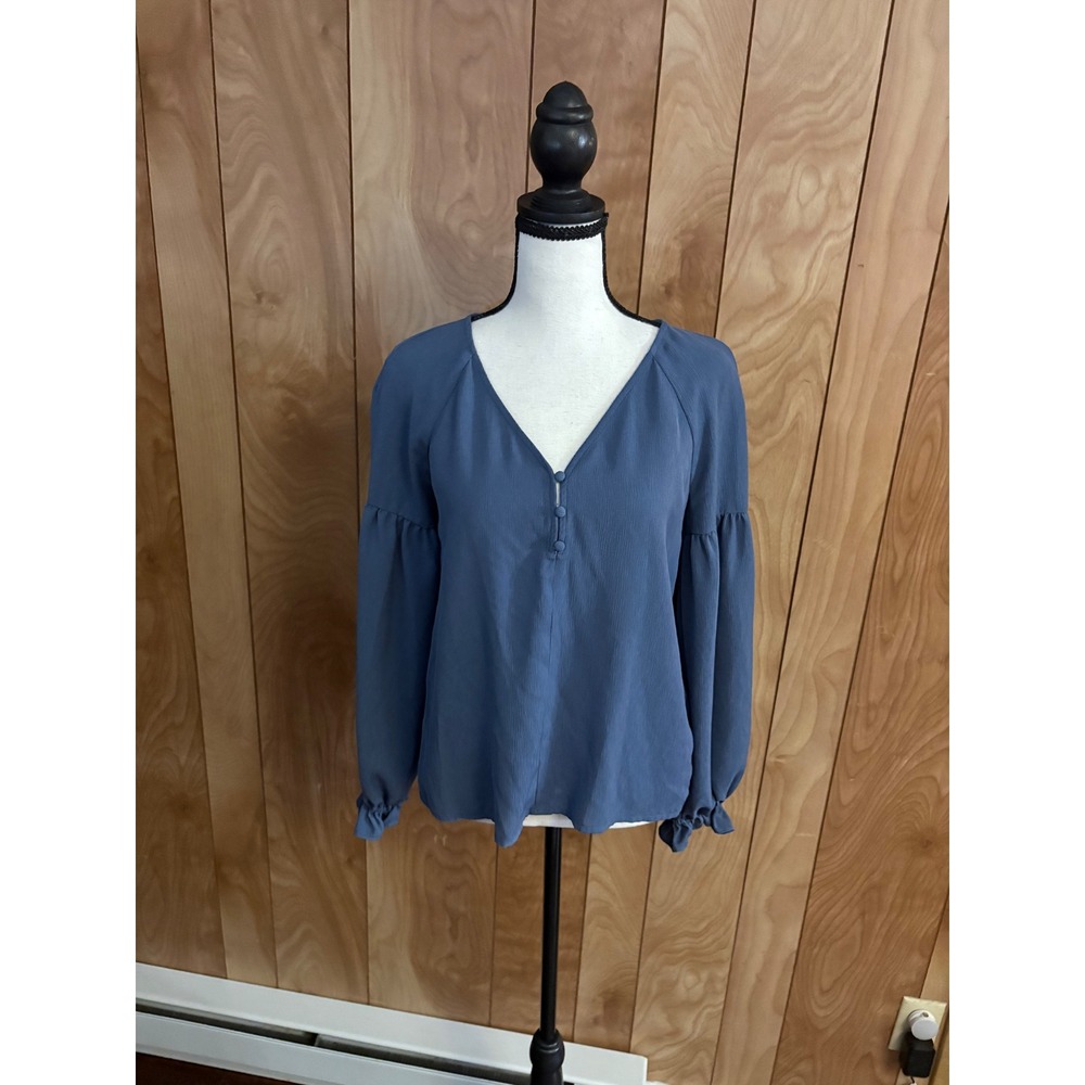 1.STATE Womens Dusty Blue Puff Sleeve V-Neck Blouse XS Ruffle Cuff Crepe Top